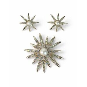 Vintage EMJ Marked Starburst Brooch/Earring Set Gold Aurora Borealis Faux Pearl